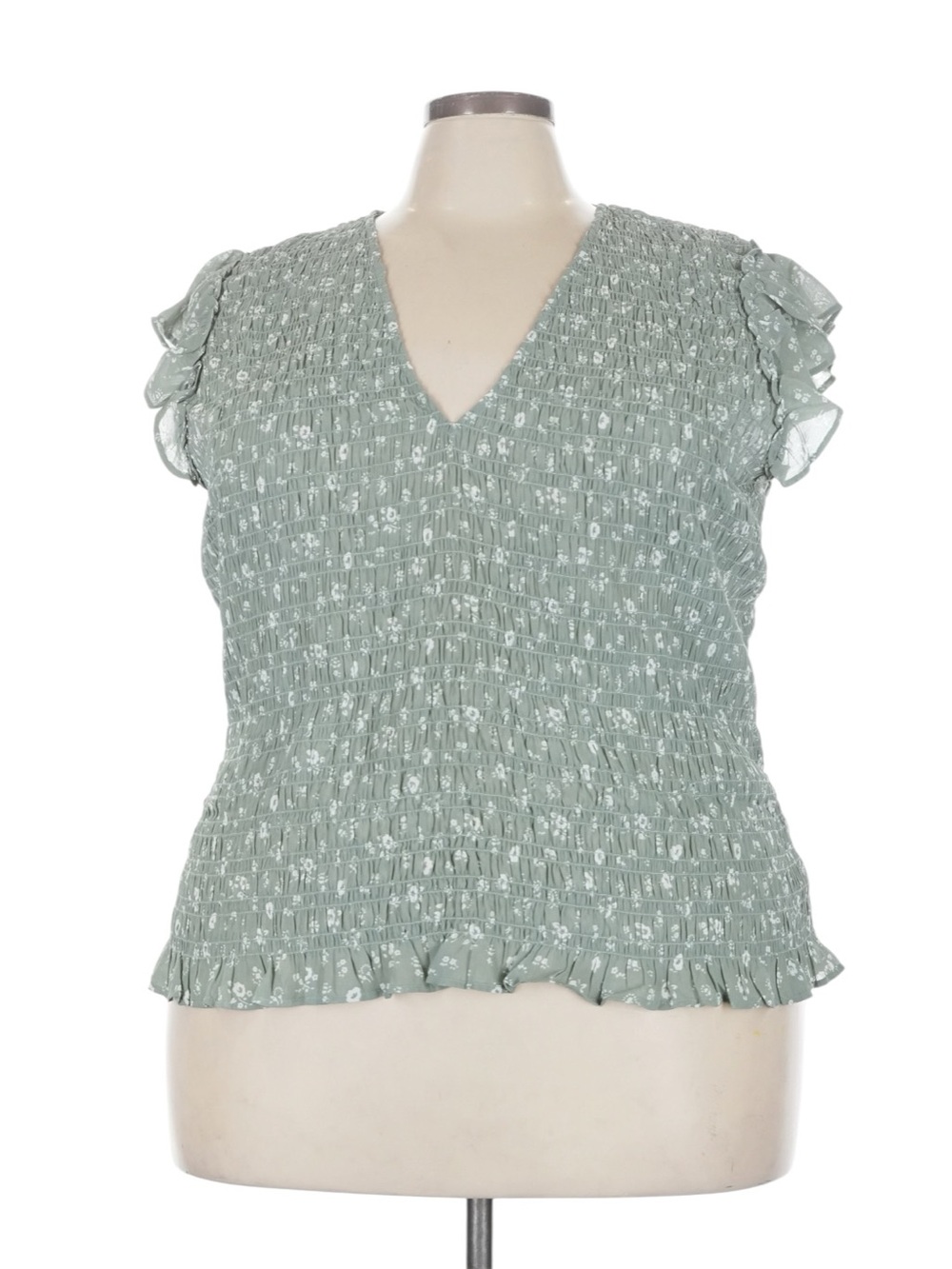 Madewell Lucie V-Neck Smocked Top in Cottage Green 28W Cropped Cap Sleeve NWT